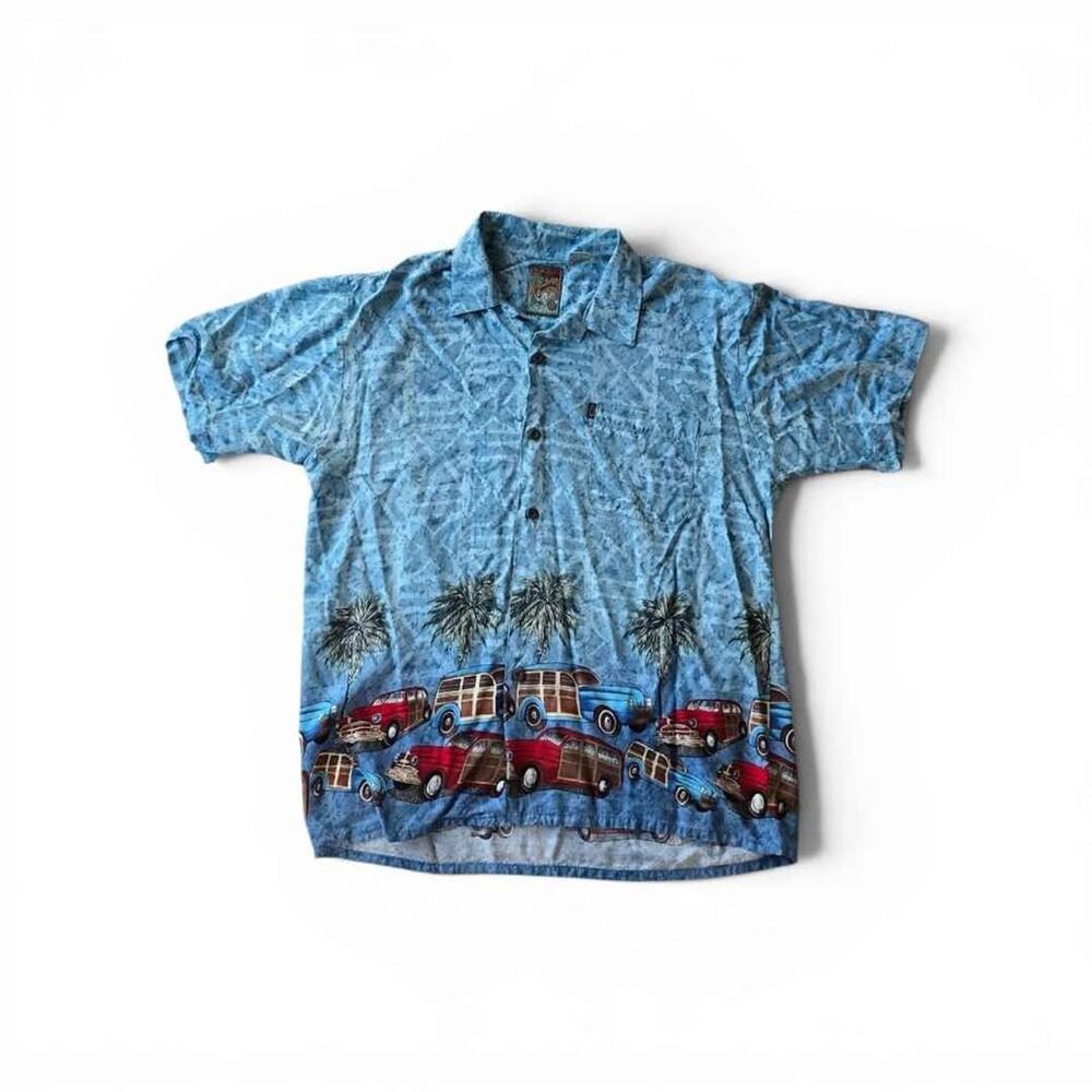Pinapple Connection Men's Blue Hawaiian Shirt Woody Cars Palm Trees